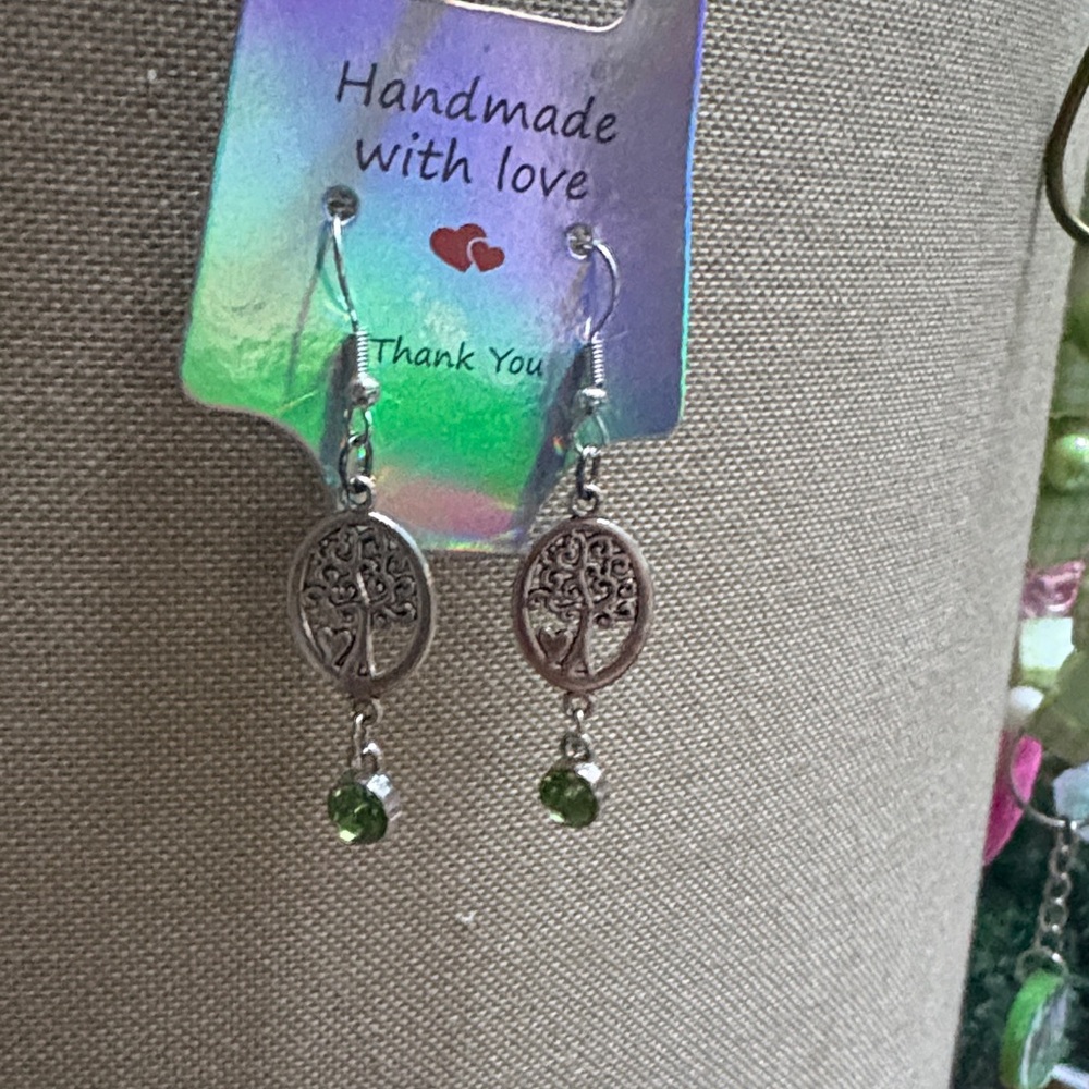 Silver Tree of Life Earrings with Green Gemstone